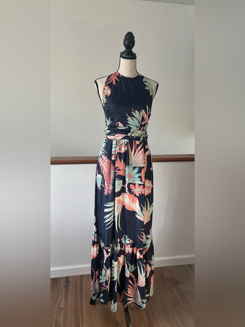 Bajanan 100% Silk Floral Halter Maxi Dress Size Small